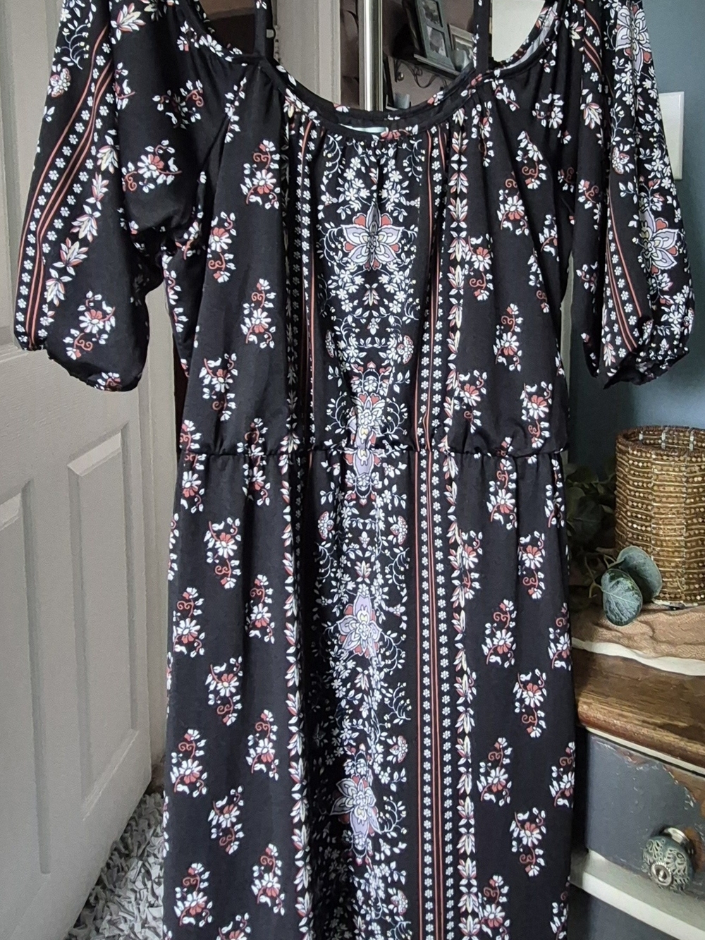 Maurices Black Floral Off-Shoulder Midi Dress with Pink Accents Sz XL